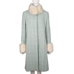 NWT GIANNI FERAUD Women's Coat Size 10 Green Check Wool Cashmere Faux Fur Trim